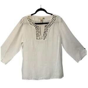 e cologie Linen Top XL White Embellished V Neck‎ 3/4 Sleeve Lightweight Blouse